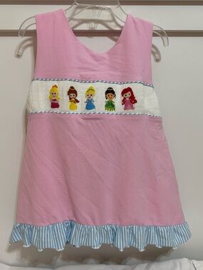 AWE smocks girls 2 piece set size 8 Disney princesses pink blue stripes ruffles
